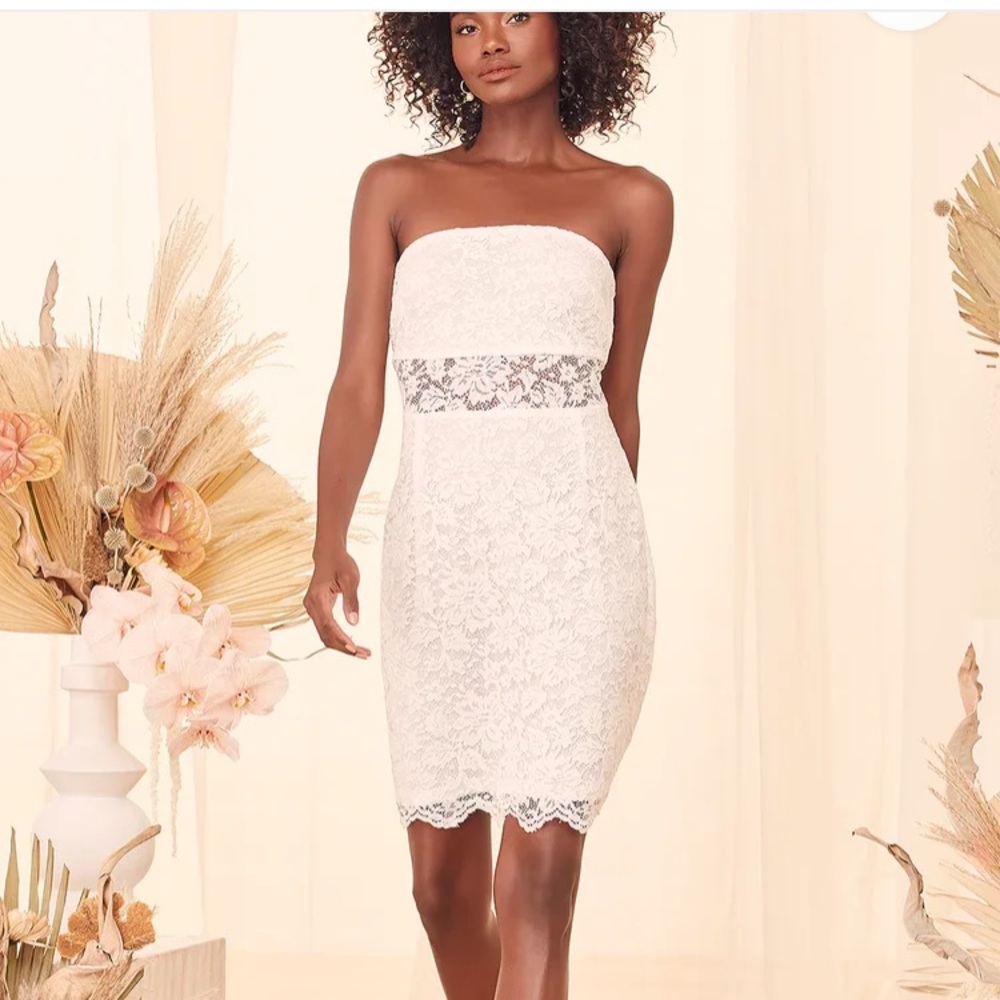 Lulu’s Til Sunrise White Lace Strapless bodycon mini dress